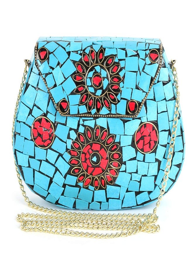 Voila Women's Sky Blue Chipped Stone Handmade Brass Clutch - Image 1